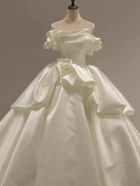 Off Shoulder Satin Wedding Dress with Floral Embellishments – Wedding Dress Ball Gown Corset Back Plus Size